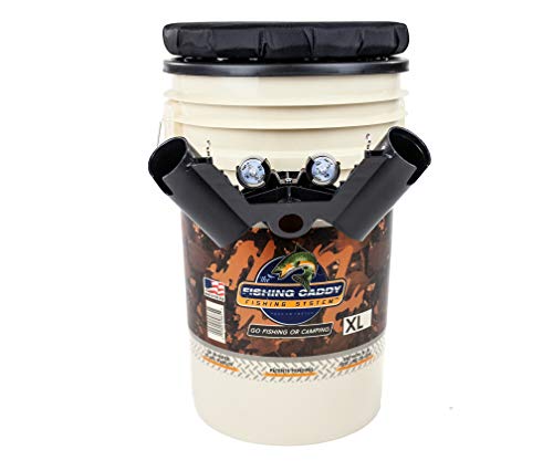 THE FISHING CADDY – Fishing Bucket Storage or Bait Holder w/Swivel Padded Seat, Dual Fishing Rod Holder, Cup Holder or Beer Holder & LED Waterproof Light for Night Fishing – Fisherman Gift