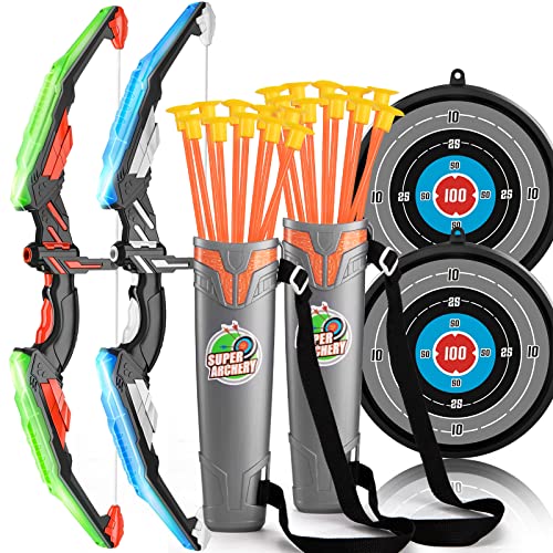 2 Pack Set Bow and Arrow Archery Toy Set for Kids, LED Light Up Archery Set with 2 Bow 20 Suction Cup Arrows 2 Target & 2 Quiver, Outdoor Toys Archery Set for Kids Boys & Girls Ages 3 -12 Years Old