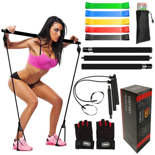 Gym Solutionz Pilates Bar Kit with Resistance Bands, 3-Section Stick Squat Yoga Pilates bands-Home Workout Equipment for Men & Women- Work from Home Fitness- Portable Home Gym Exercise Stick