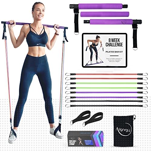 Portable Pilates Bar Kit with Resistance Bands (20, 30, 40, 50 LB) - Guided 8-Week Pilates Bar Kit Plan - Premium Quality Home Equipment 3-Section Pilates Bar with Resistance Bands Full-Body Toning