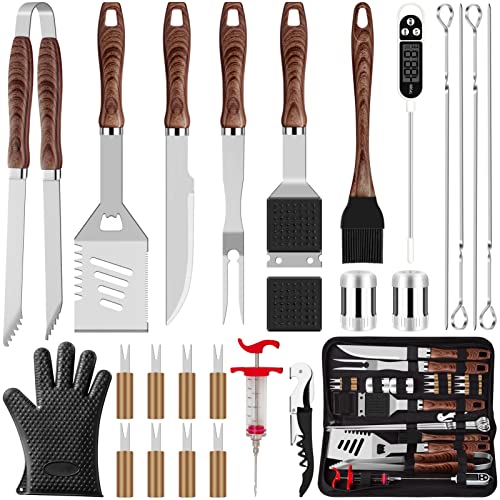 ROMANTICIST 26pcs Grilling Accessories Kit for Men Women, Stainless Steel Heavy Duty BBQ Tools with Glove and Corkscrew, Grill Utensils Set in Portable Canvas Bag for Outdoor,Camping,Backyard,Brown