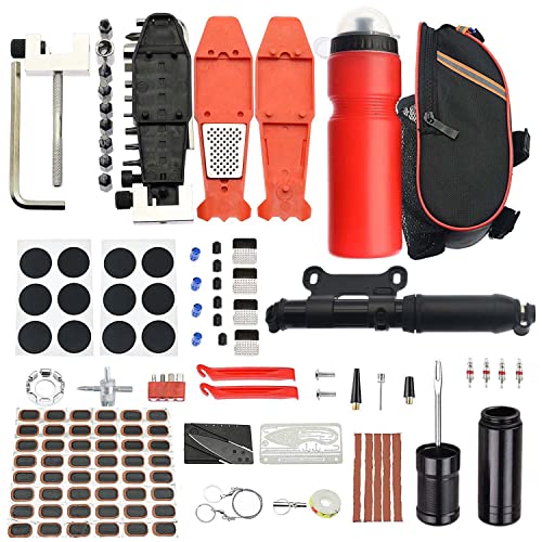 Bike Repair Kit,146Pcs Tube Repair Kit, Portable Patch Repair Kit, Tire Pump Inflator,With 48 Vulcanized Patches Glueless Puncture Repair Kit Road Bike Mountain Bike Water Bottle Bag Chain Remover,