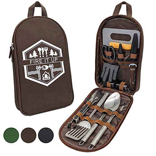 13 PC Grilling and Camping Cooking Utensils Set for The Outdoors BBQ - Stainless Steel Camp Kitchen Set Cookware Grill Tool Accessories Kit with Lightweight Stylish Crossbody Carrying Bag (Brown)