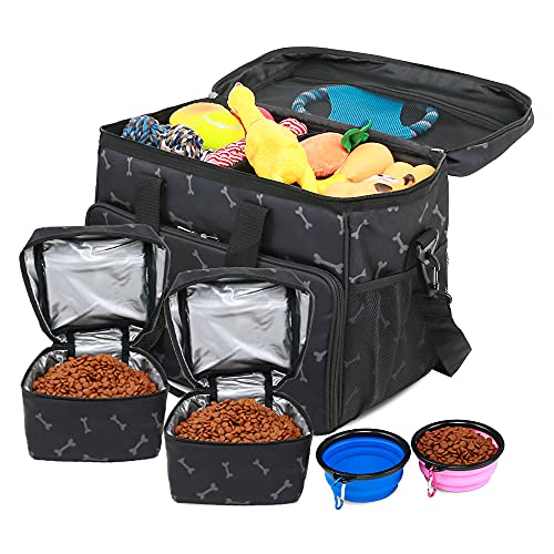 PET PARADISE Dog Travel Bag for Supplies Airline Approved Pet Travel Backpack Organizer for Accessories, Tote Dog Bag Kit with Multi-Function Pockets, 2 Storage Containers and Collapsible Dog Bowls