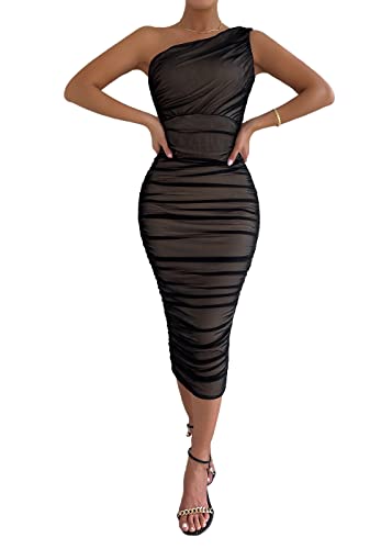 Pofash Women's One Shoulder Sleeveless Mesh Ruched Cocktail Club Party Midi Bodycon Dress