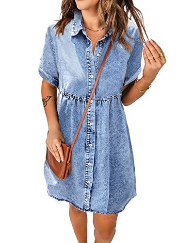 luvamia Women's Casual Short Sleeve Button Down Tiered Denim Babydoll Jean Dress