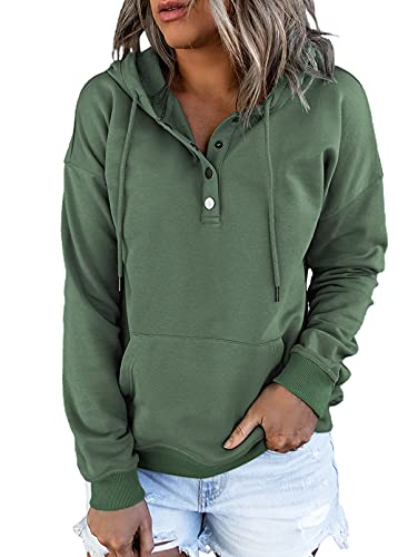 Dokotoo Womens 2023 Hooded Button Collar Drawstring Hoodies Pullover Sweatshirts Casual Long Sleeve Tops Shirts