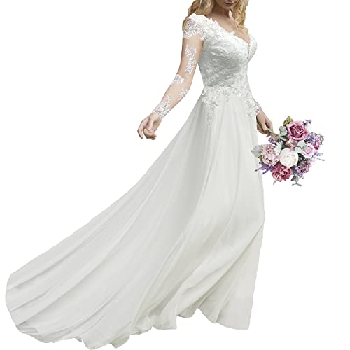 Findlovewedding Wedding Dresses for Bride 2022 with Lace Appliques Chiffon Women Dress Long Sleeves Beach Bride Dress Ivory