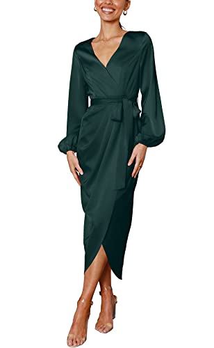 Women Satin Dress Deep V-Neck Long Sleeve Tie Waist Split Midi Dresses