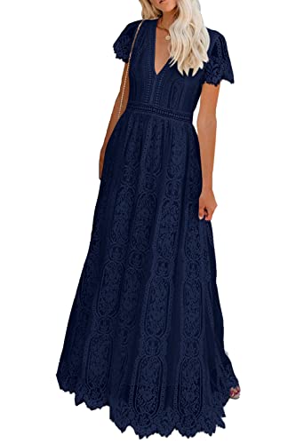 PRETTYGARDEN Women's Floral Lace Maxi Dress 2023 Short Sleeve V Neck Bridesmaid Wedding Evening Party Dresses