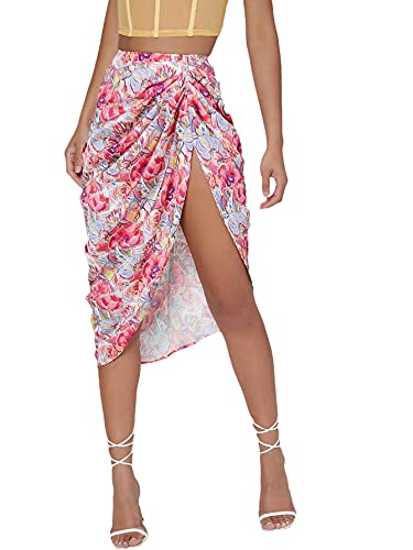Floerns Women's Boho Floral Print Split Thigh Satin Ruched Midi Skirt