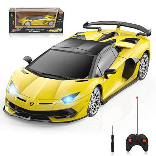 AEROQUEST Remote Control Car , 1:24 Lamborghini Officially Licensed RC Series , Lamborghini SVJ Roadster Remote Control Sport Racing Hobby Toy Car for 3 4 5 6 7 8+ Years Old Boy Birthday Gift (Yellow)