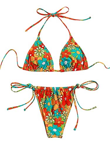SOLY HUX Women's Floral Print Bikini Sets Halter Tie Side Triangle Sexy Swimsuits