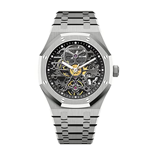 Redhai Automatic Mechanical Watch Skeleton Stainless 50M Waterproof Anti Shock Casual Diver Men Wrist Watch Sterling Watches Chronograph Analog Business Casual Fashion Adjustable Silicone Band