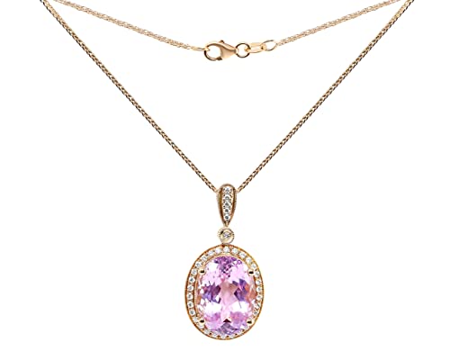 KOKAV 14K Rose Gold Genuine Kunzite 11-7/8 Ct Oval, Diamonds Pendant Necklace